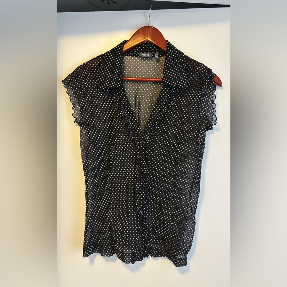MEXX Women's Sheer black and white polka dot short button sleeve top - Small